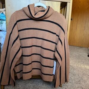 Tan and Black Oversized Sweater with Turtleneck and Soft Knit Texture
